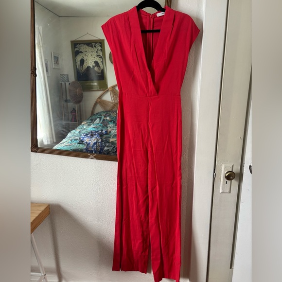 MNG Red Deep V Neck Wide Leg Jumpsuit - Picture 5 of 10